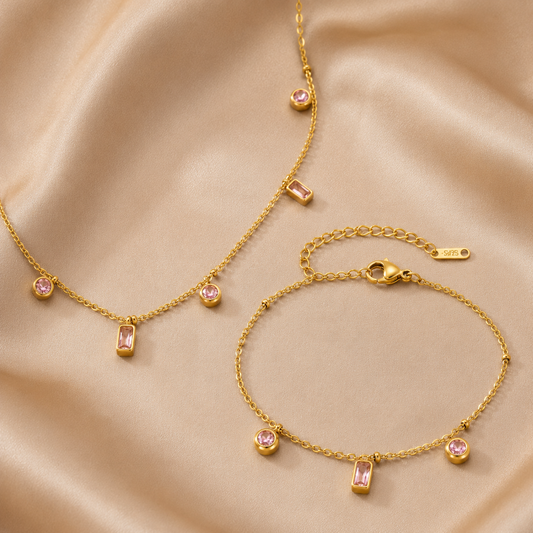 18K Gold Square Pink Purple Round Pendant Necklace Bracelet